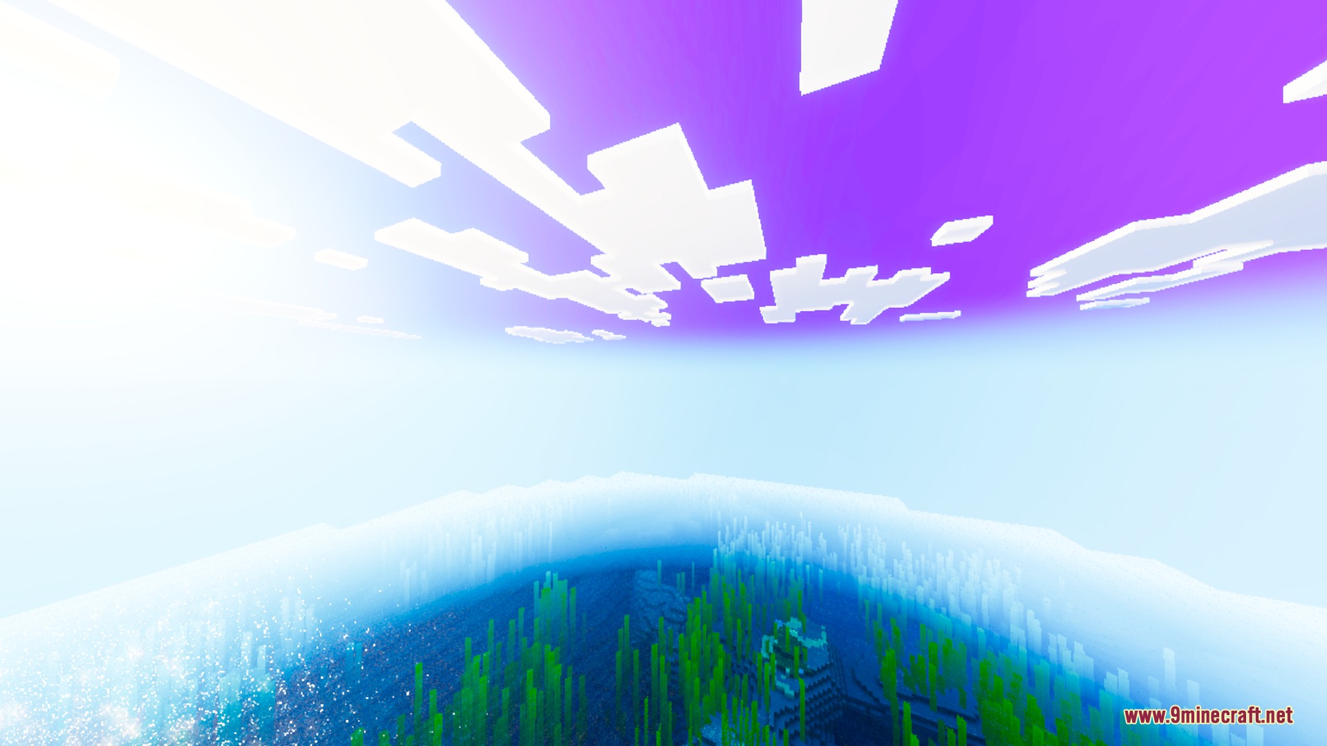 Bright underwater kelp forest with volumetric fog and purple clouds in the sky