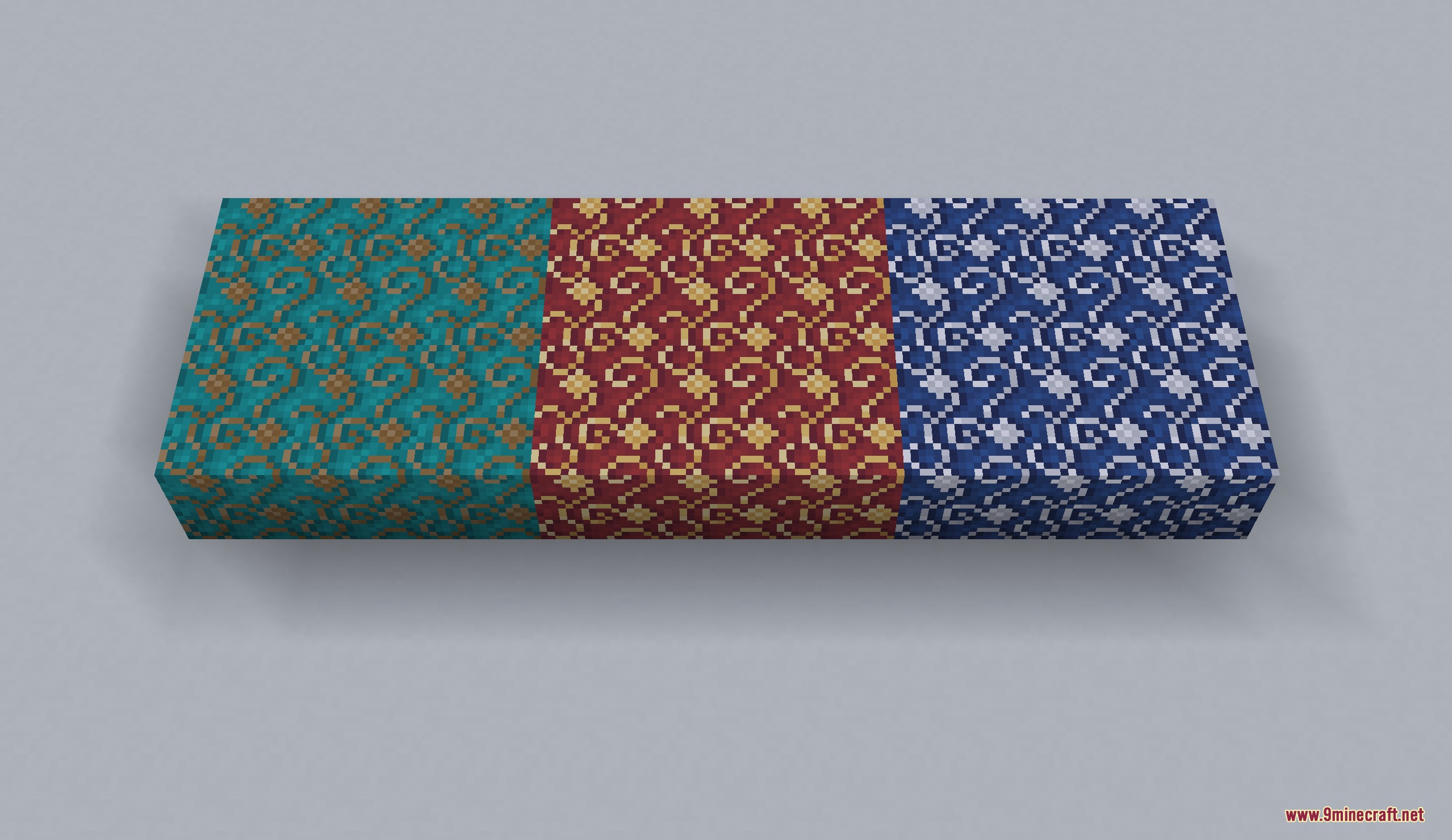 Three colorful moquette blocks with intricate patterns displayed in a row