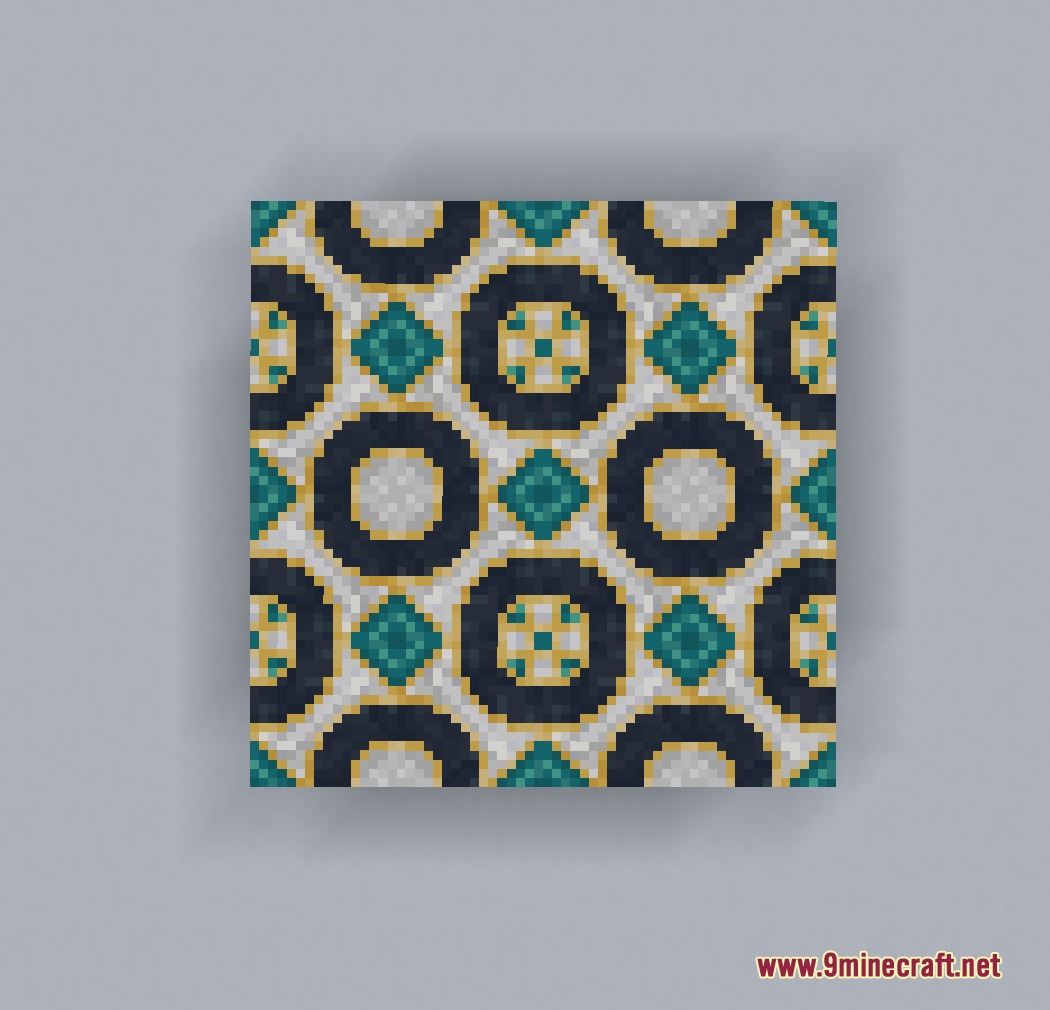 A decorative marble mosaic block with a colorful and intricate geometric pattern