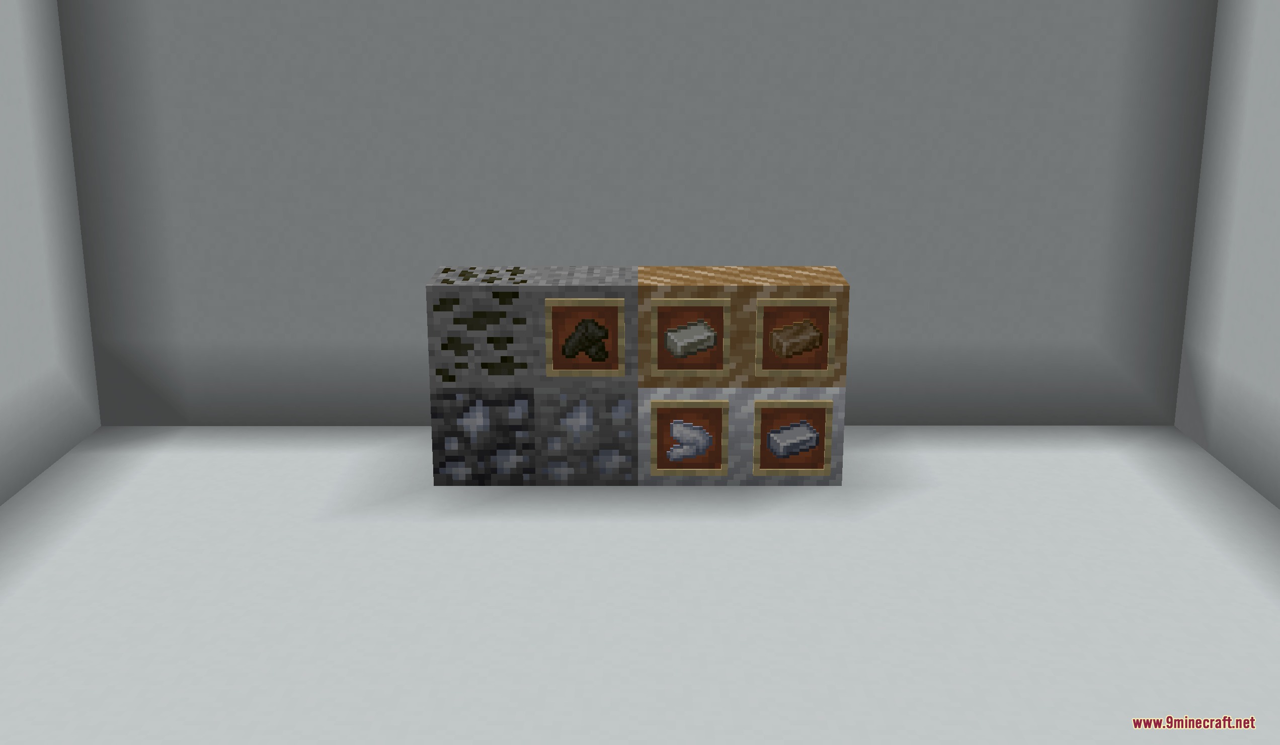 New ores and metal ingots displayed on stone blocks with item frames
