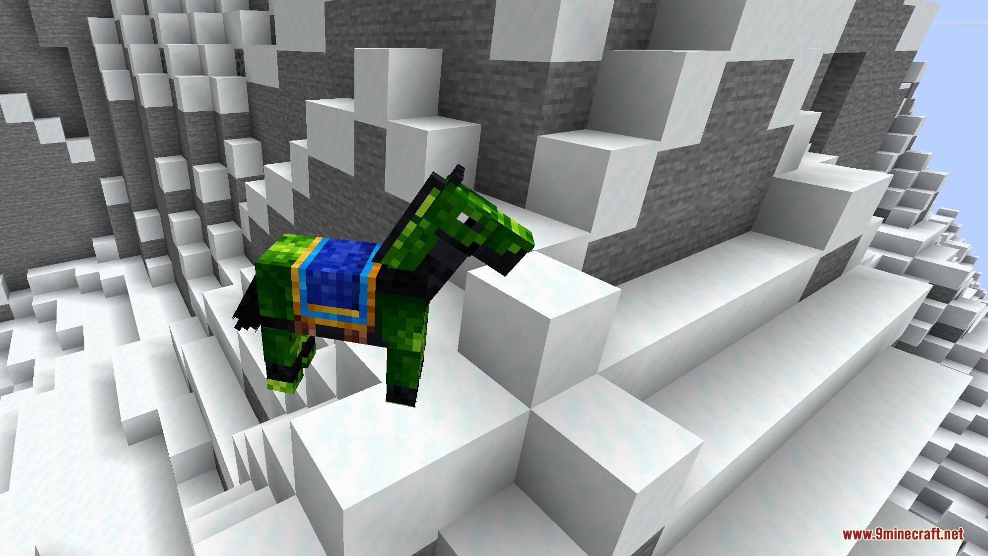 A green horse wearing Lymonite armor stands on a snowy mountain peak