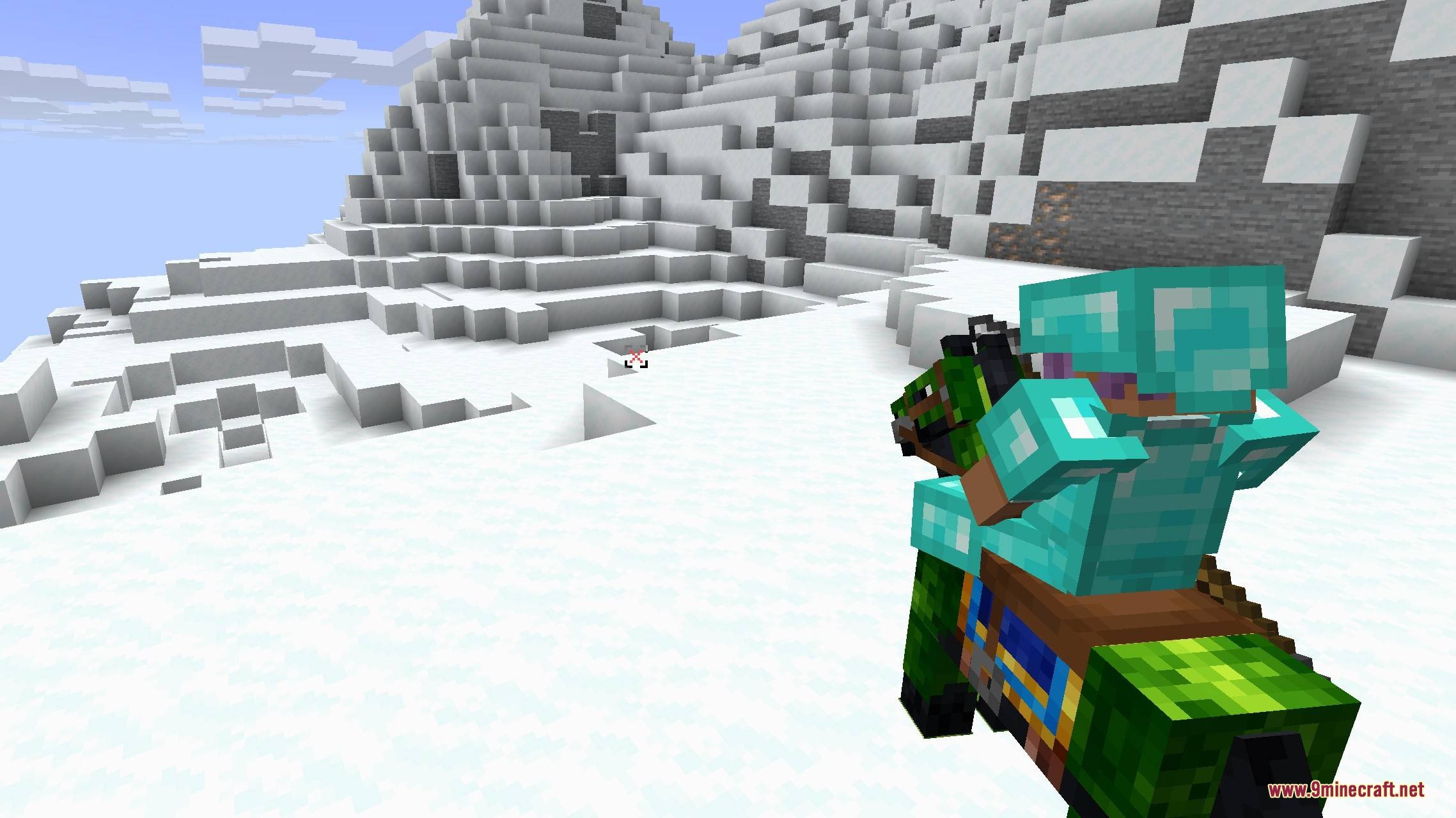 A player in diamond armor rides a green horse through the snow