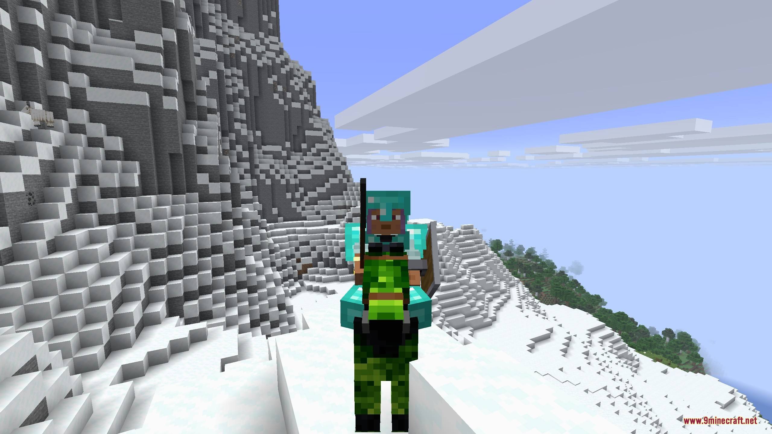 Player in diamond armor riding a green horse on a snowy mountain