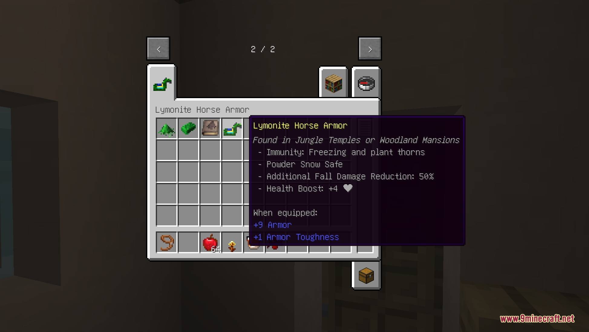 Minecraft inventory screen showing stats for the green Lymonite Horse Armor