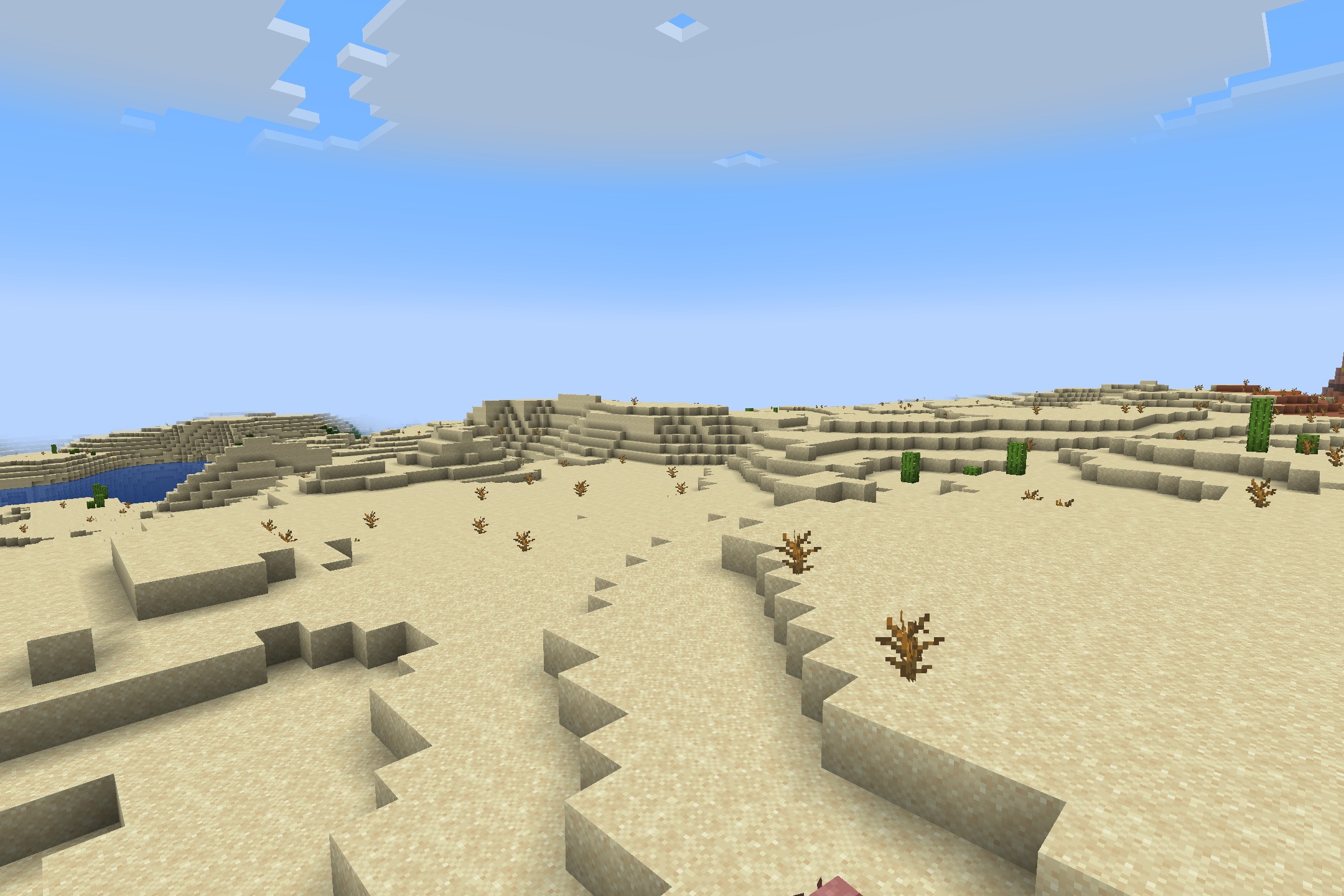 Vast desert landscape with sand dunes and sparse vegetation under blue sky
