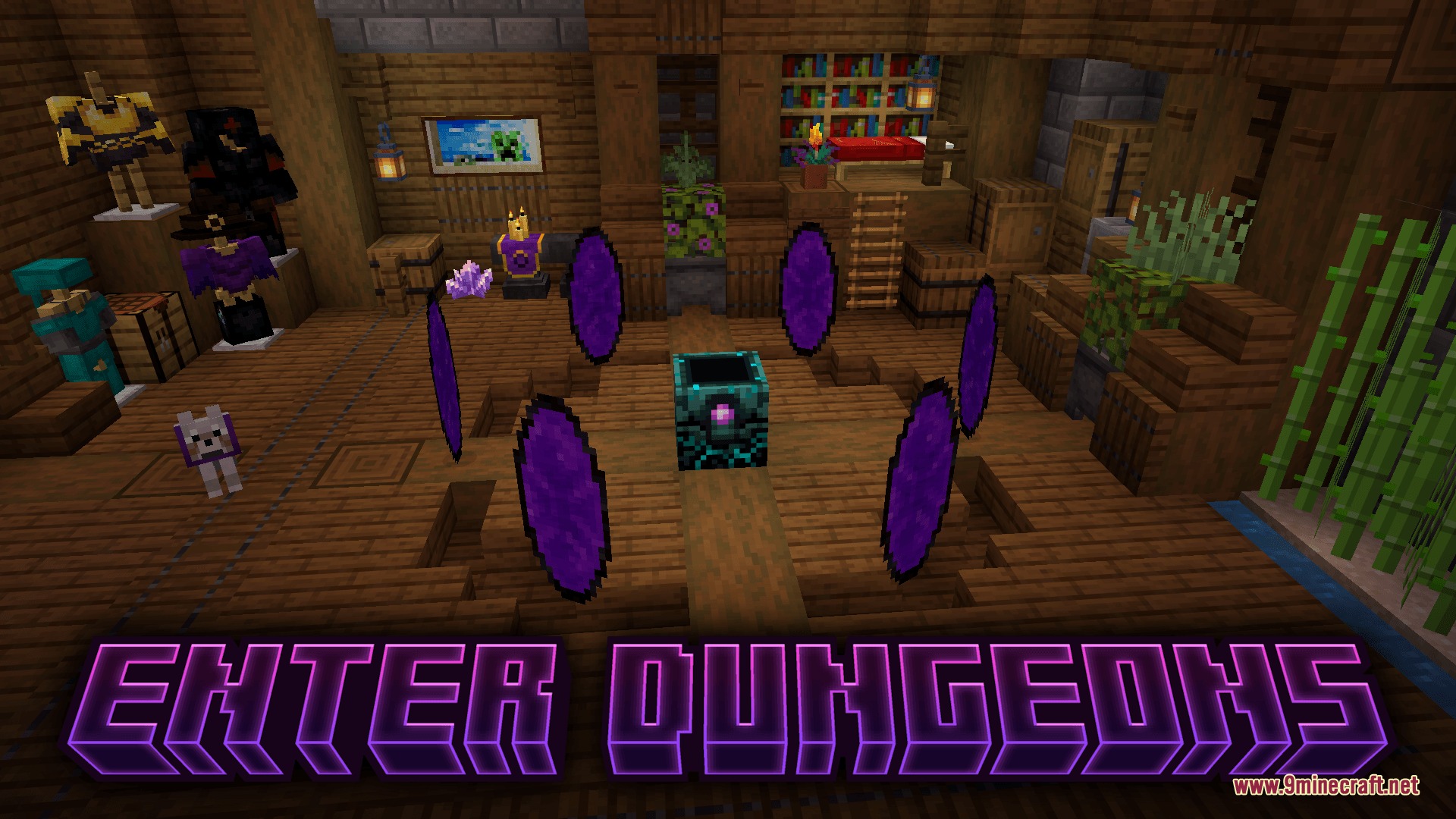 MC Endgame Mod Screenshot 1 A central dungeon device surrounded by purple portals inside a decorated wooden room
