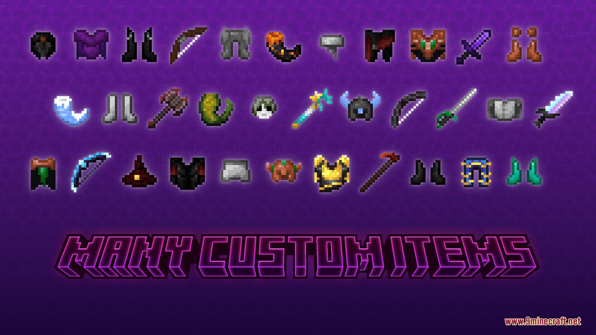 MC Endgame Mod Screenshot 4 A grid display of numerous custom weapons and armor and unique items