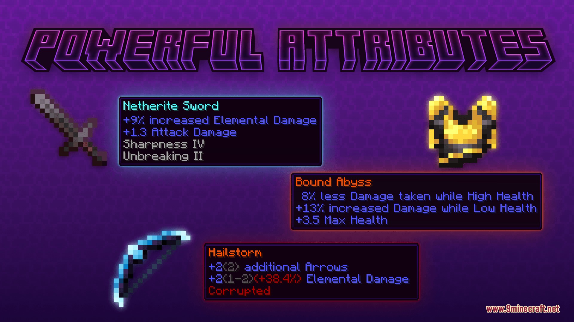MC Endgame Mod Screenshot 5 Netherite sword and golden armor showing unique RPG attributes and combat stats
