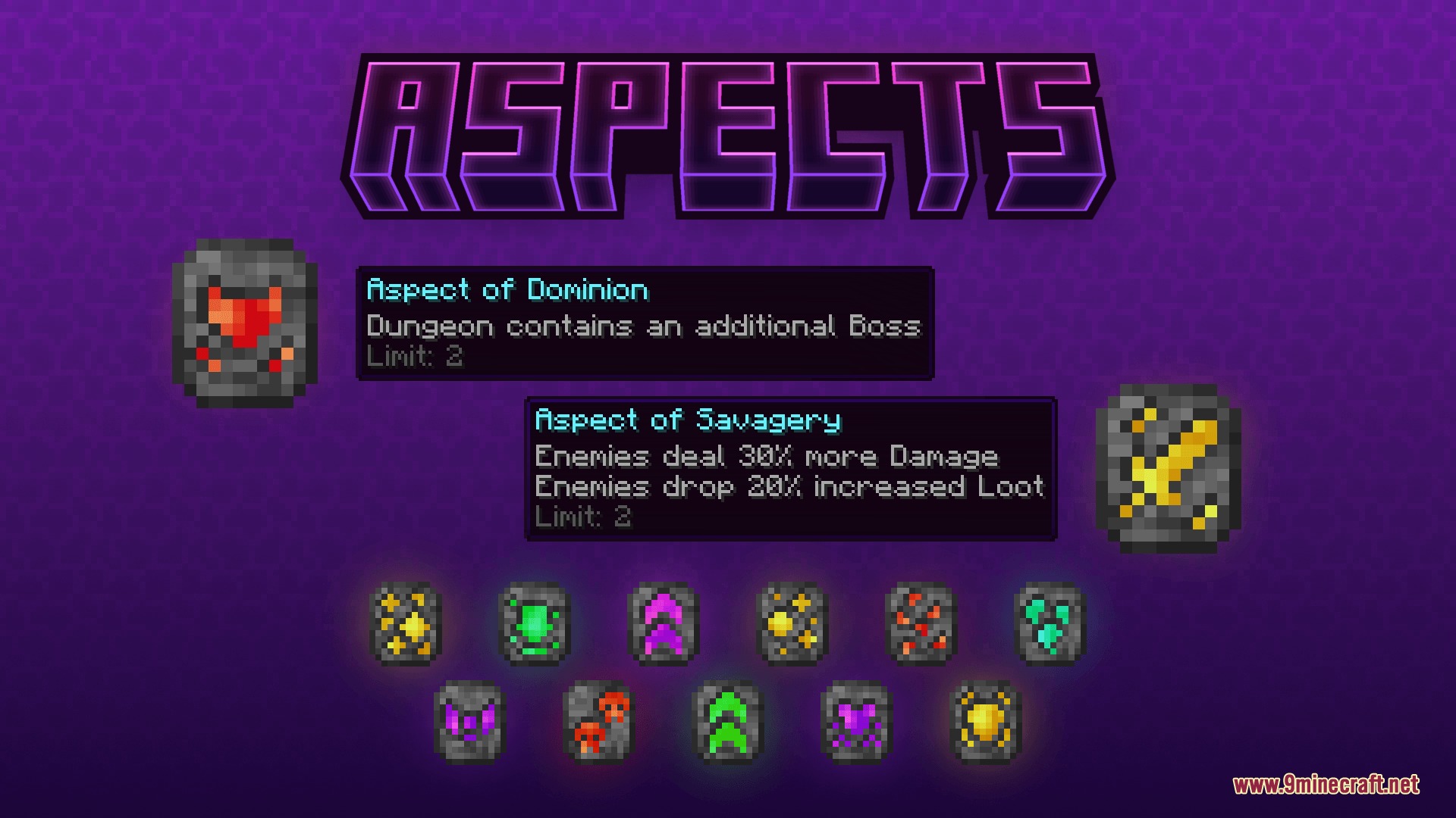 MC Endgame Mod Screenshot 7 A menu showing various aspect items that change dungeon difficulty and loot drops