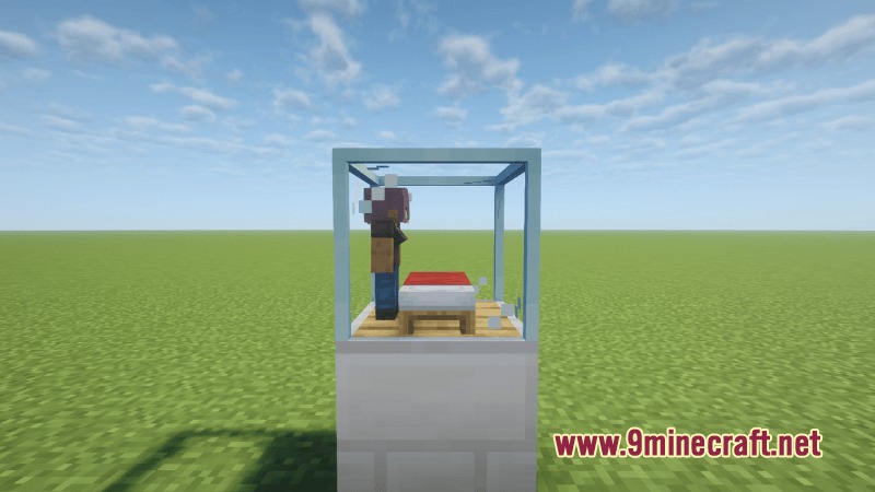 Custom villager standing beside a bed inside a compact incubator block