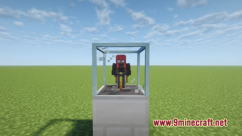 Another custom villager character stored safely inside a glass automation block