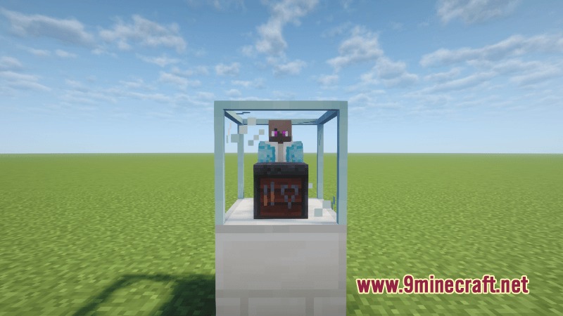 A custom villager with purple eyes inside a glass automation block