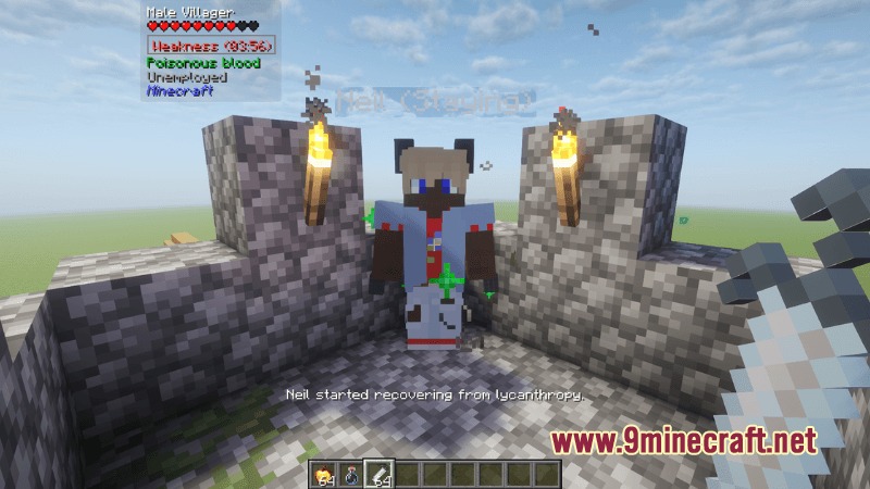 A villager begins recovering from lycanthropy inside a cobblestone structure