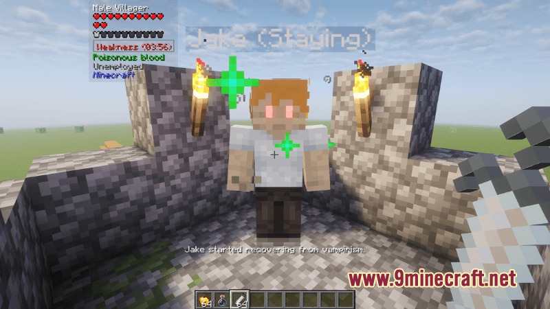 A villager starts recovering from vampirism while surrounded by green particles