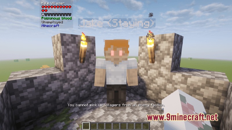 A message blocks picking up a villager from an enemy faction in Minecraft