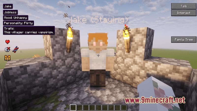 The MCA Reborn menu shows a villager carrying the vampirism trait