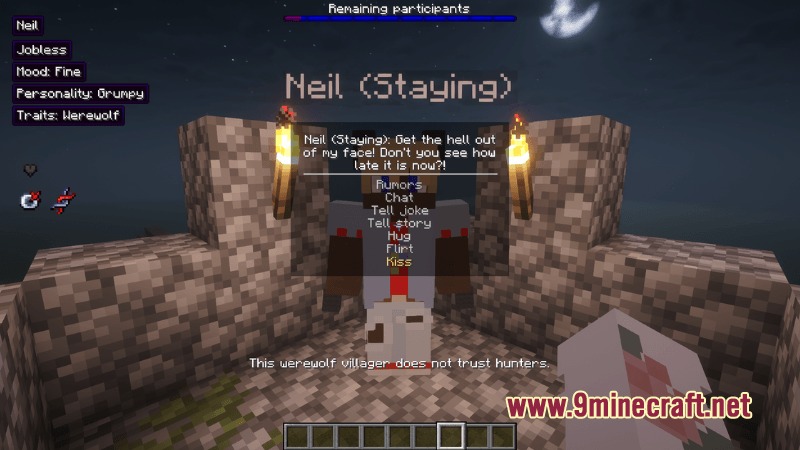A player interacts with a grumpy werewolf villager through a dialogue menu