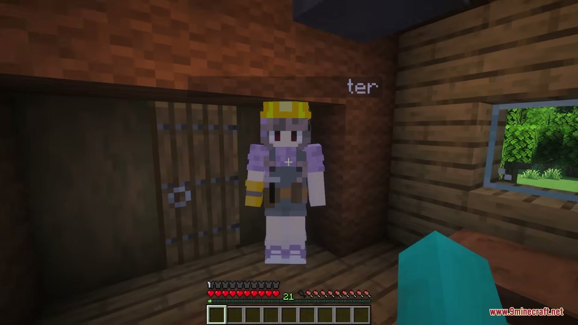 MCG's Questborne Mod Screenshot 2 An NPC character wearing a construction hat stands inside a wooden house interior