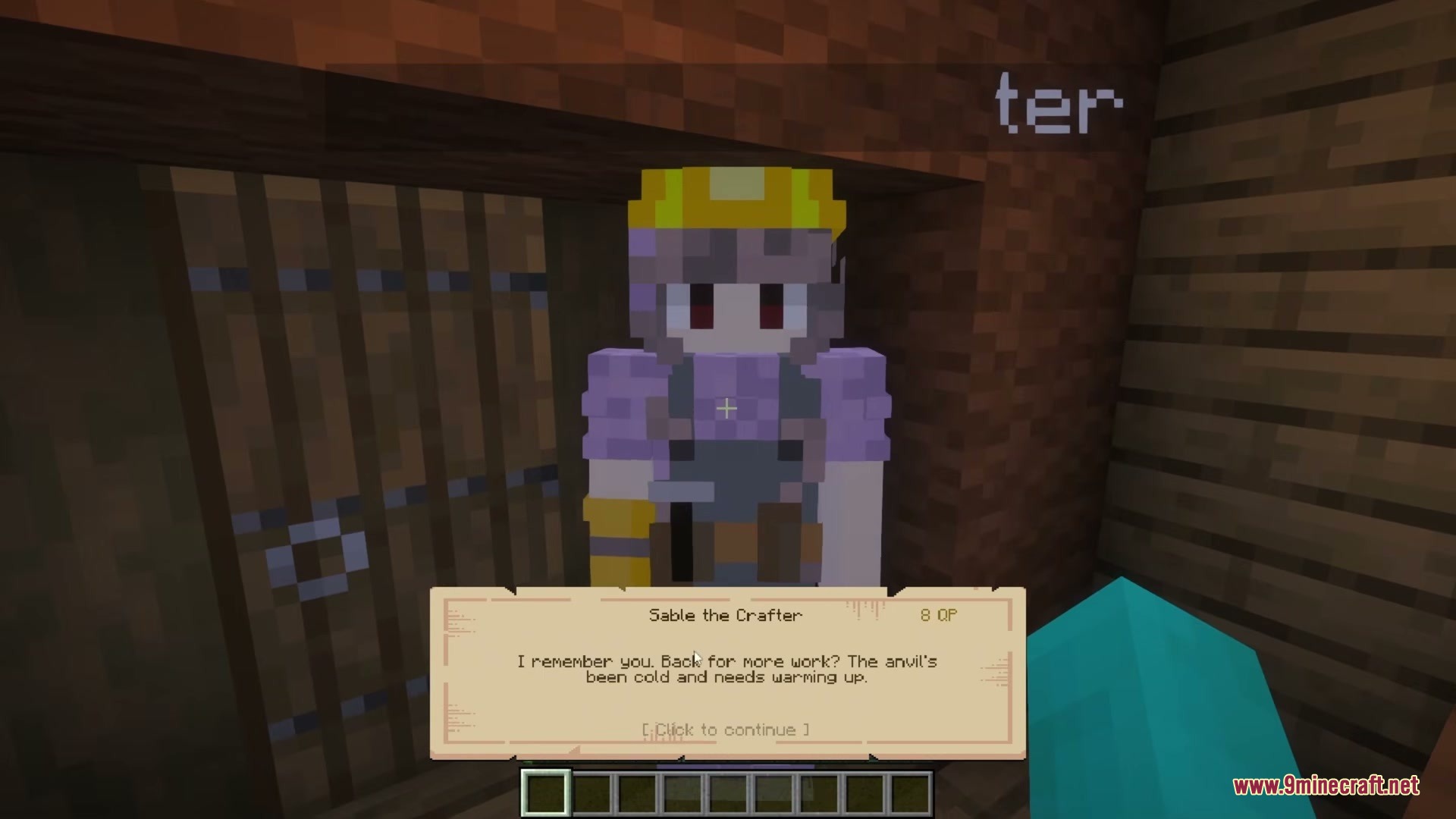 MCG's Questborne Mod Screenshot 3 Sable the Crafter NPC giving a quest to the player in Minecraft world