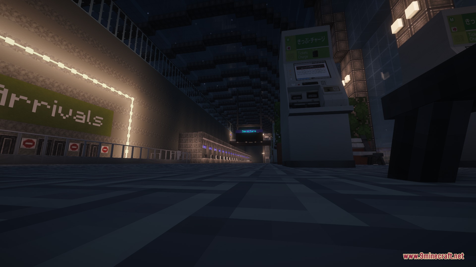MTR Japan Ticket Mod Screenshot 2 A transit station lobby with an arrivals sign and ticketing kiosk
