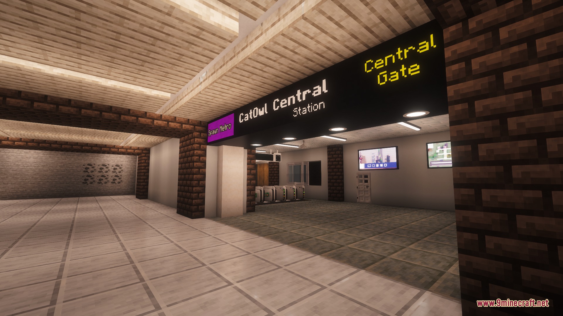 MTR Japan Ticket Mod Screenshot 3 A modern Minecraft subway station interior with ticket gates and central station signs