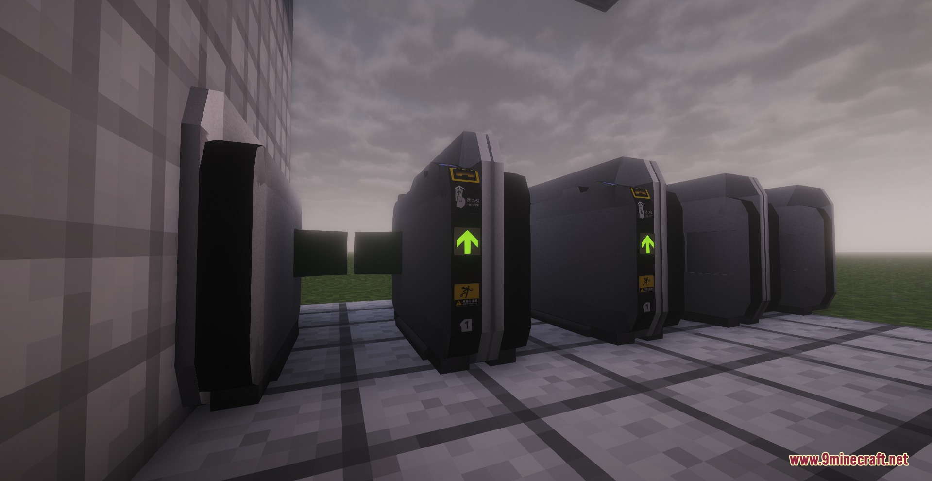 MTR Japan Ticket Mod Screenshot 7 Row of Japanese style ticket gates with green arrows in Minecraft