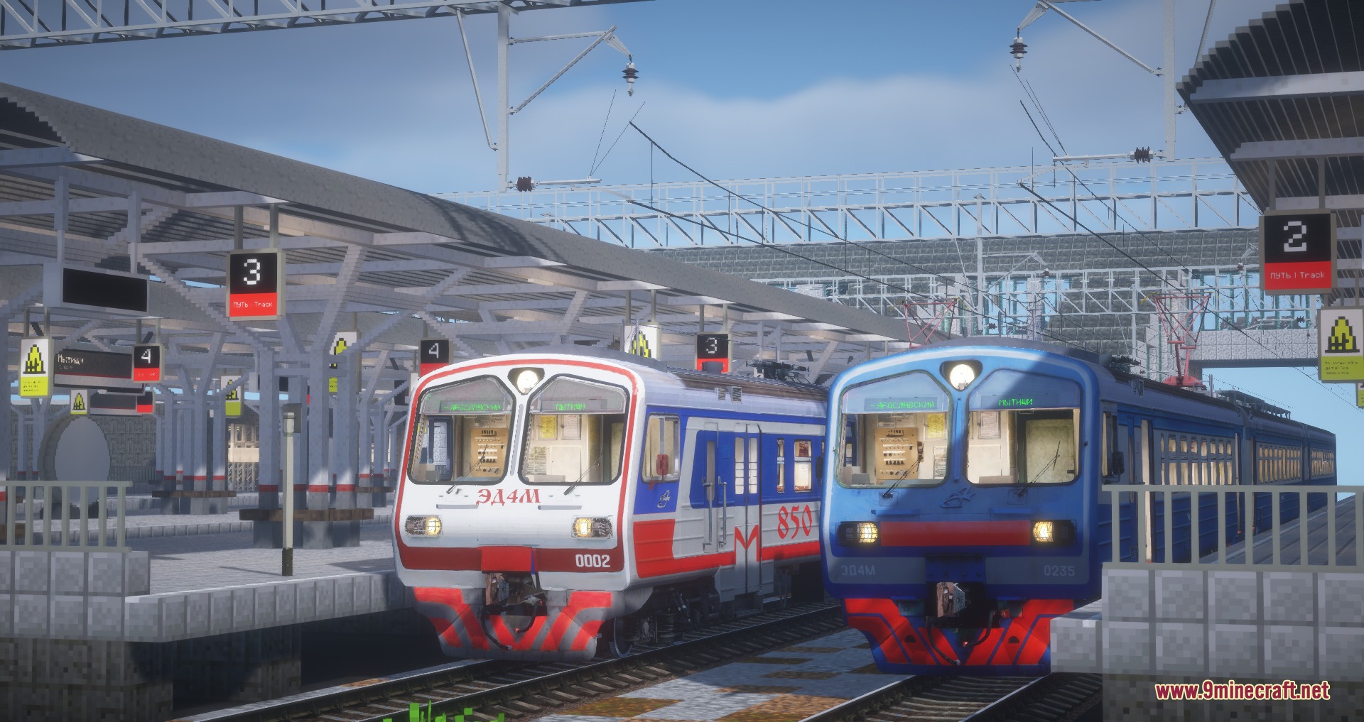MTR NTE International Train Pack Resource Pack Screenshot 1 Two realistic Russian trains parked at a detailed Minecraft railway station platform