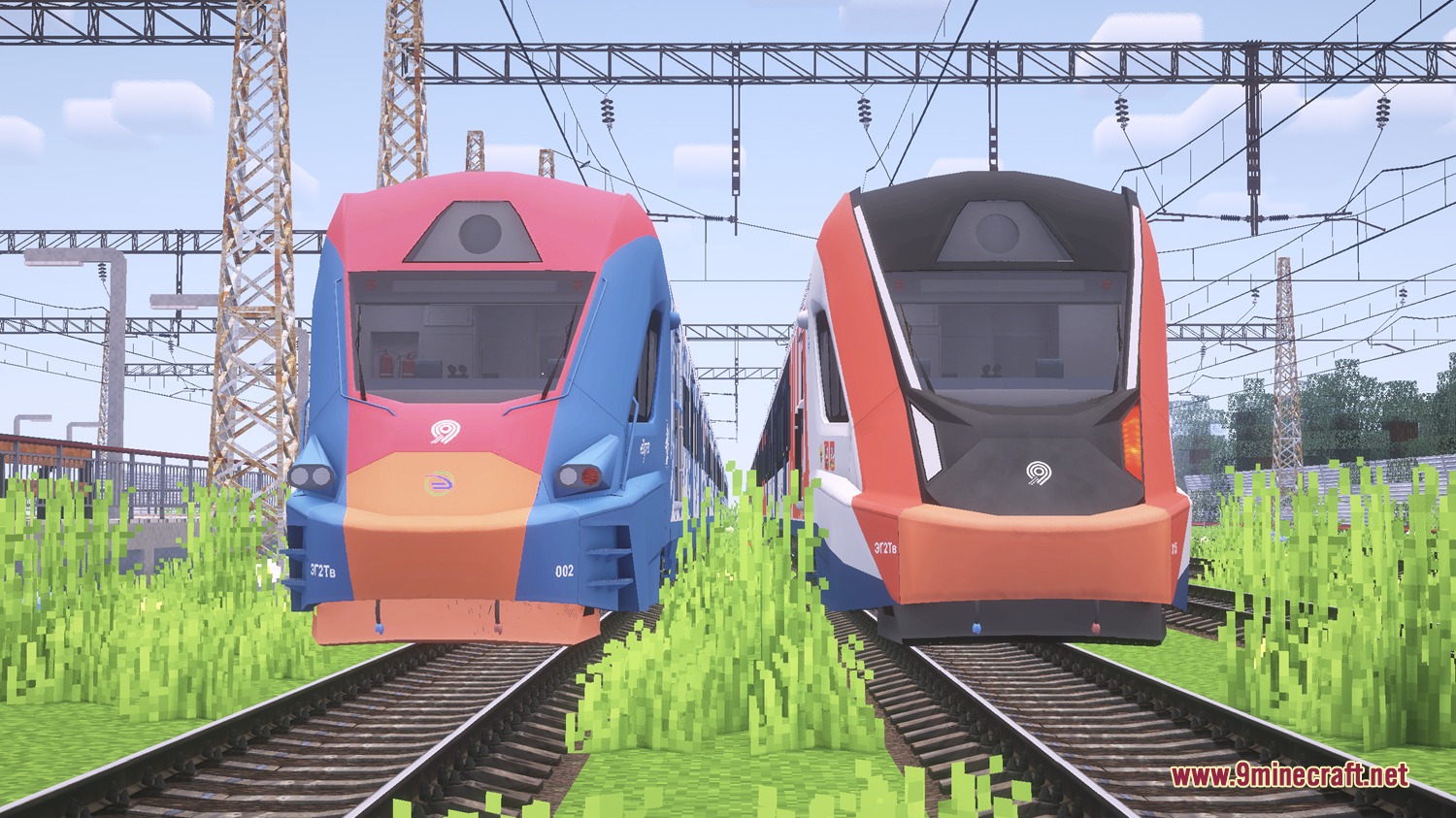 MTR NTE International Train Pack Resource Pack Screenshot 4 Two modern colorful trains parked on tracks under overhead power lines