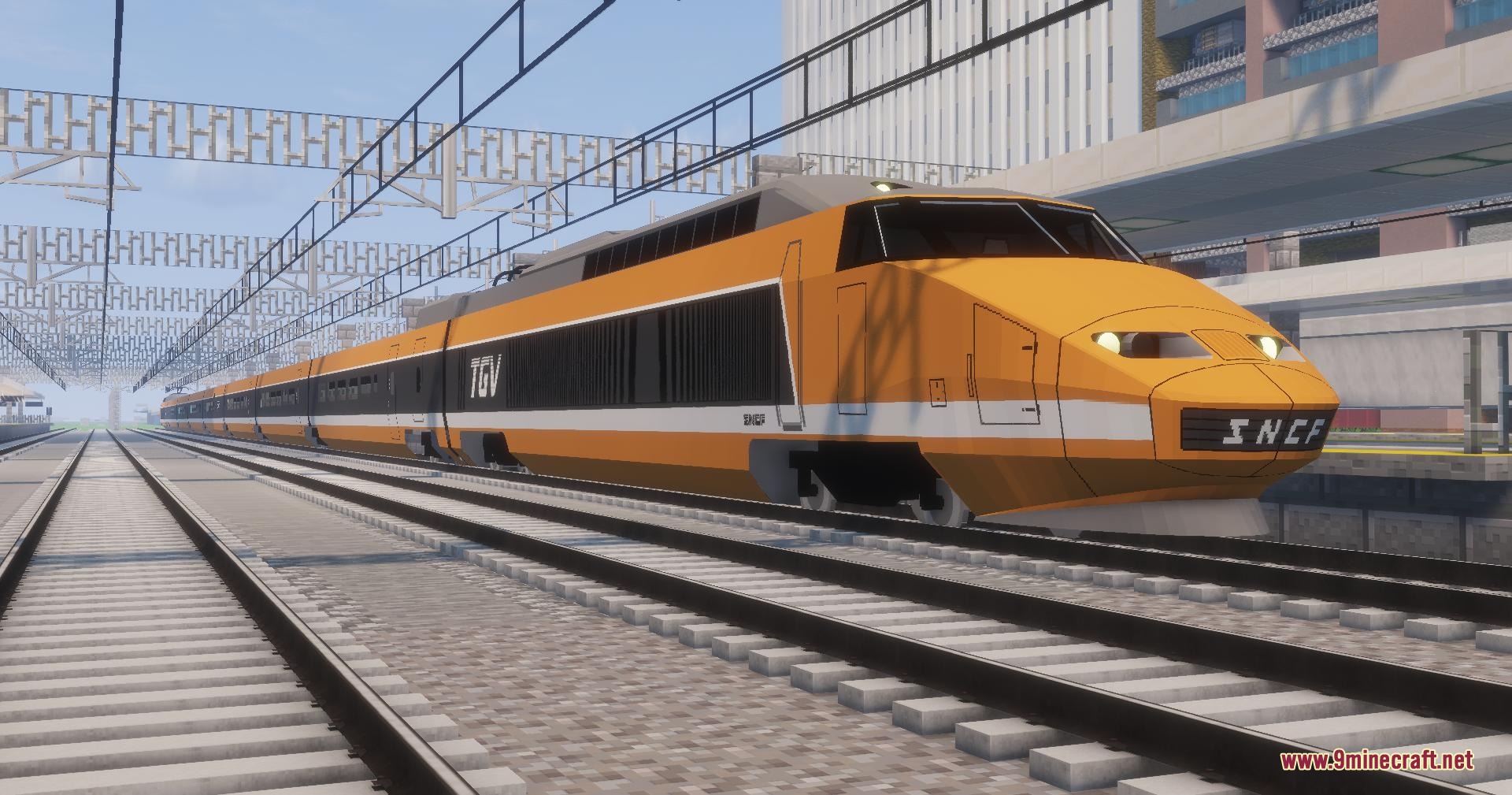 Classic orange high speed train moving along railway tracks in Minecraft