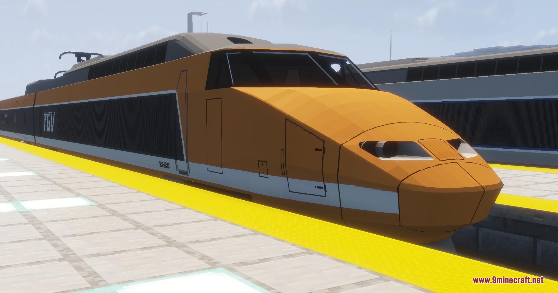 Classic orange TGV Sud Est train model at a modern Minecraft station platform