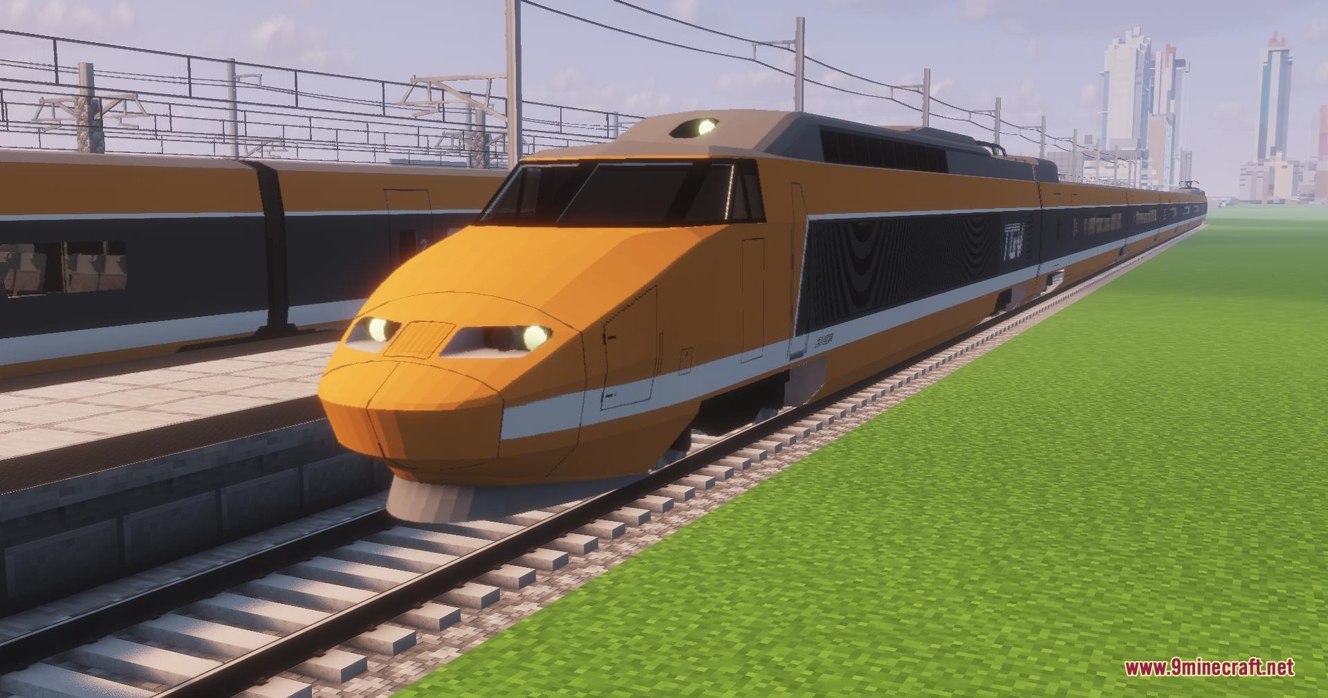 The original orange TGV Sud Est train model on a Minecraft track