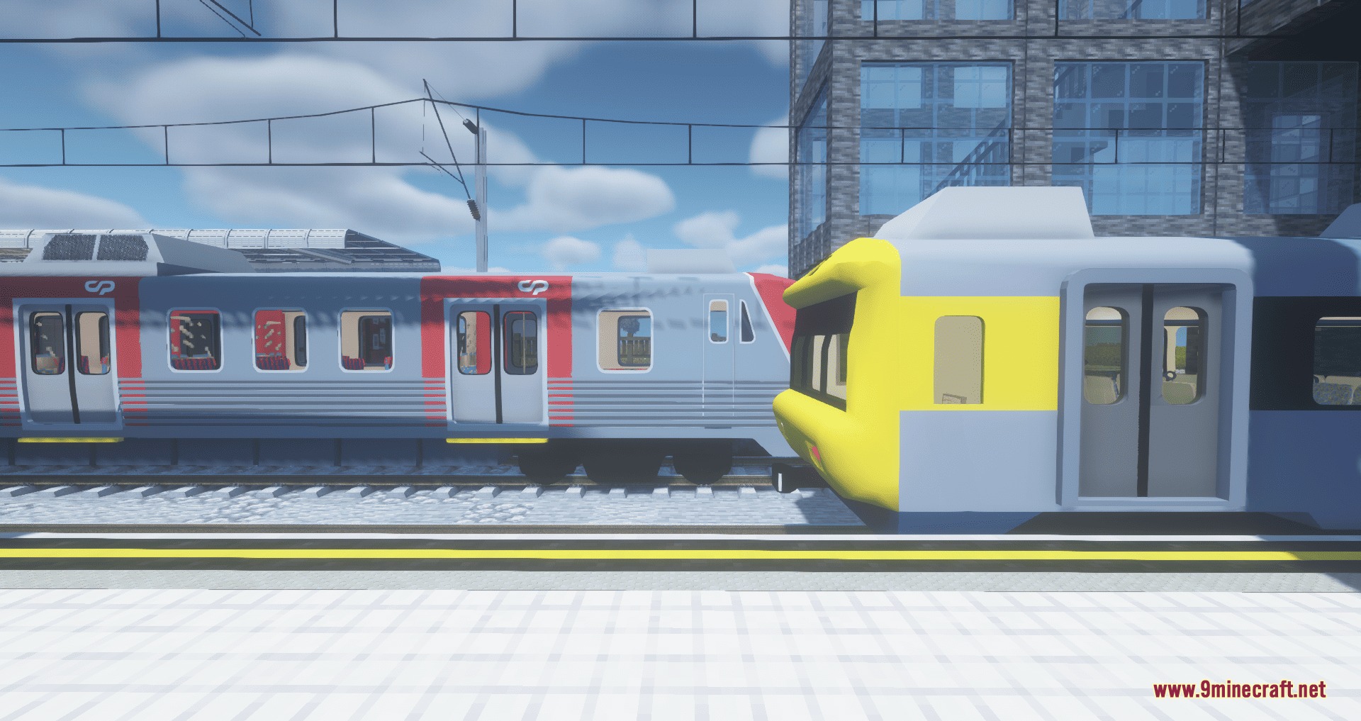 MTR3 4 CP Lisbon Suburban Trains Pack Resource Pack Screenshot 2 Two detailed Portuguese suburban trains parked at a station platform in Minecraft