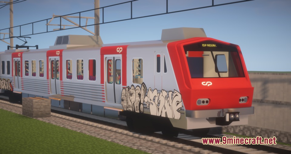 MTR3 4 CP Lisbon Suburban Trains Pack Resource Pack Screenshot 3 A detailed Lisbon suburban train with graffiti parked on the railway tracks
