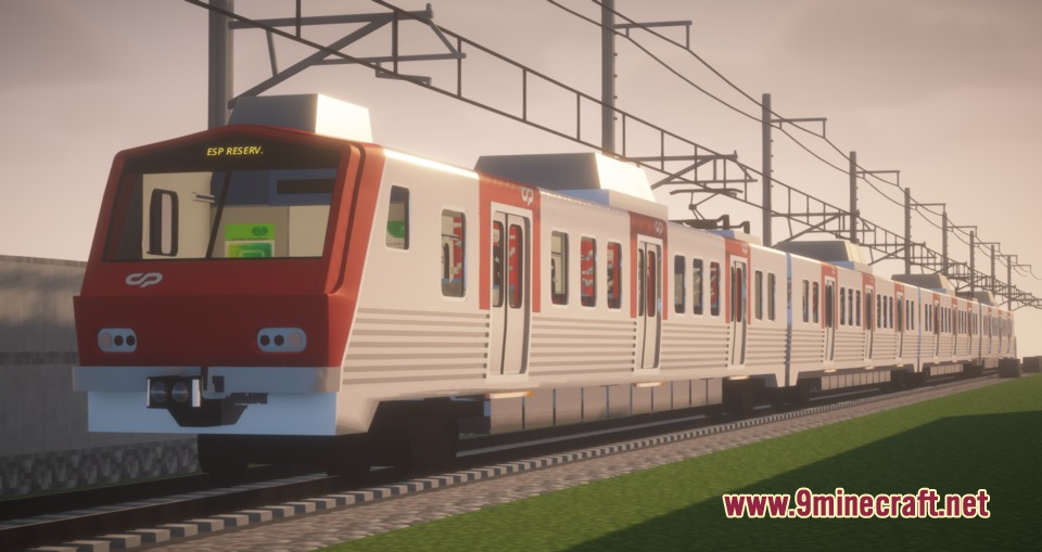 MTR3 4 CP Lisbon Suburban Trains Pack Resource Pack Screenshot 5 A red and white CP Lisbon suburban train traveling on a railway track