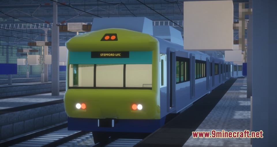 MTR3 4 CP Lisbon Suburban Trains Pack Resource Pack Screenshot 6 A green and blue commuter train stopped at a modern station platform