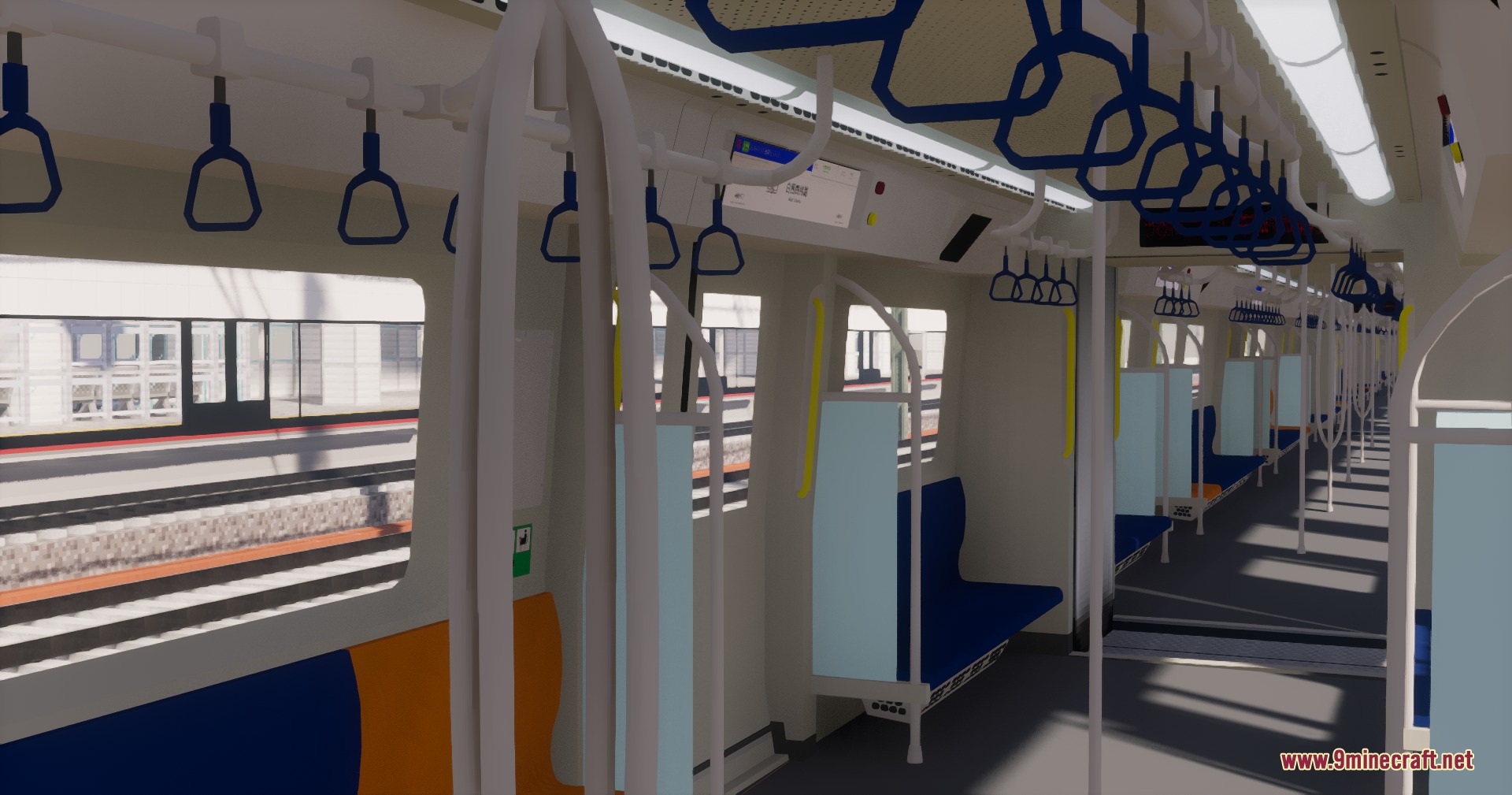 MTR3 Tianjin Metro DKZ7 Pack Resource Pack Screenshot 2 Interior of a Tianjin Metro DKZ7 train car with blue passenger seating