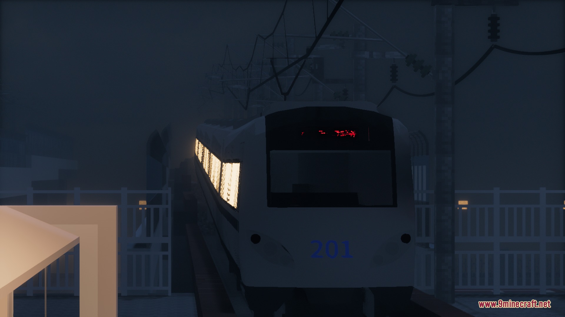 MTR3 Tianjin Metro DKZ7 Pack Resource Pack Screenshot 4 A white subway train travels through a dark and foggy landscape at night