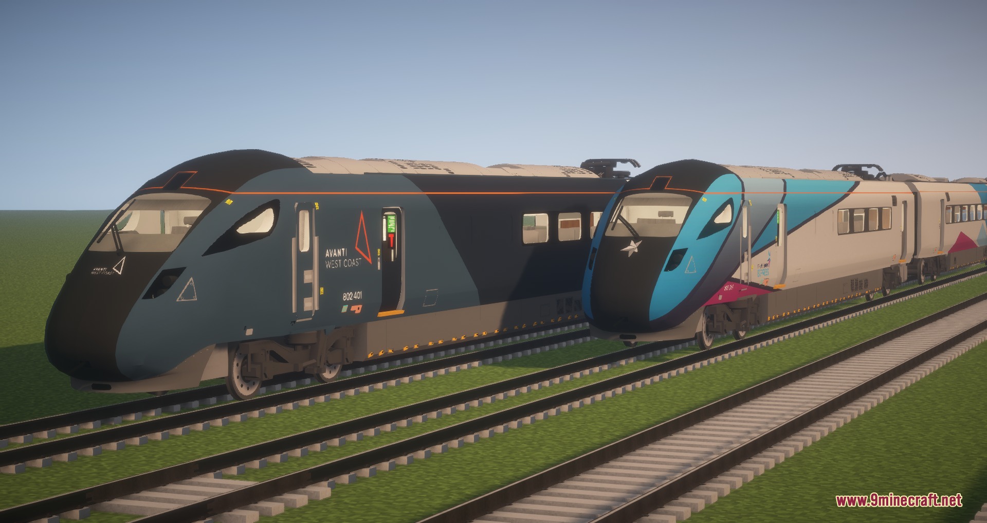 Two modern high speed trains with different liveries on parallel railway tracks