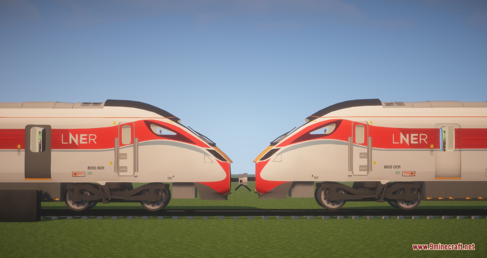 Two LNER Azuma high speed trains coupled together on a railway track