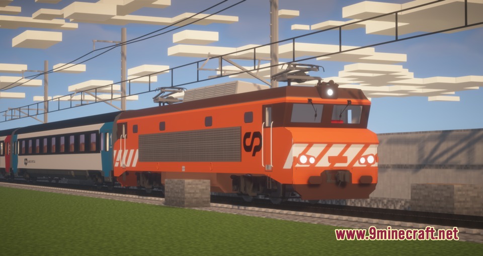 MTR4 CP 2600 2620 ARCO Coaches Resource Pack Screenshot 1 An orange electric locomotive pulling passenger coaches along a railway track