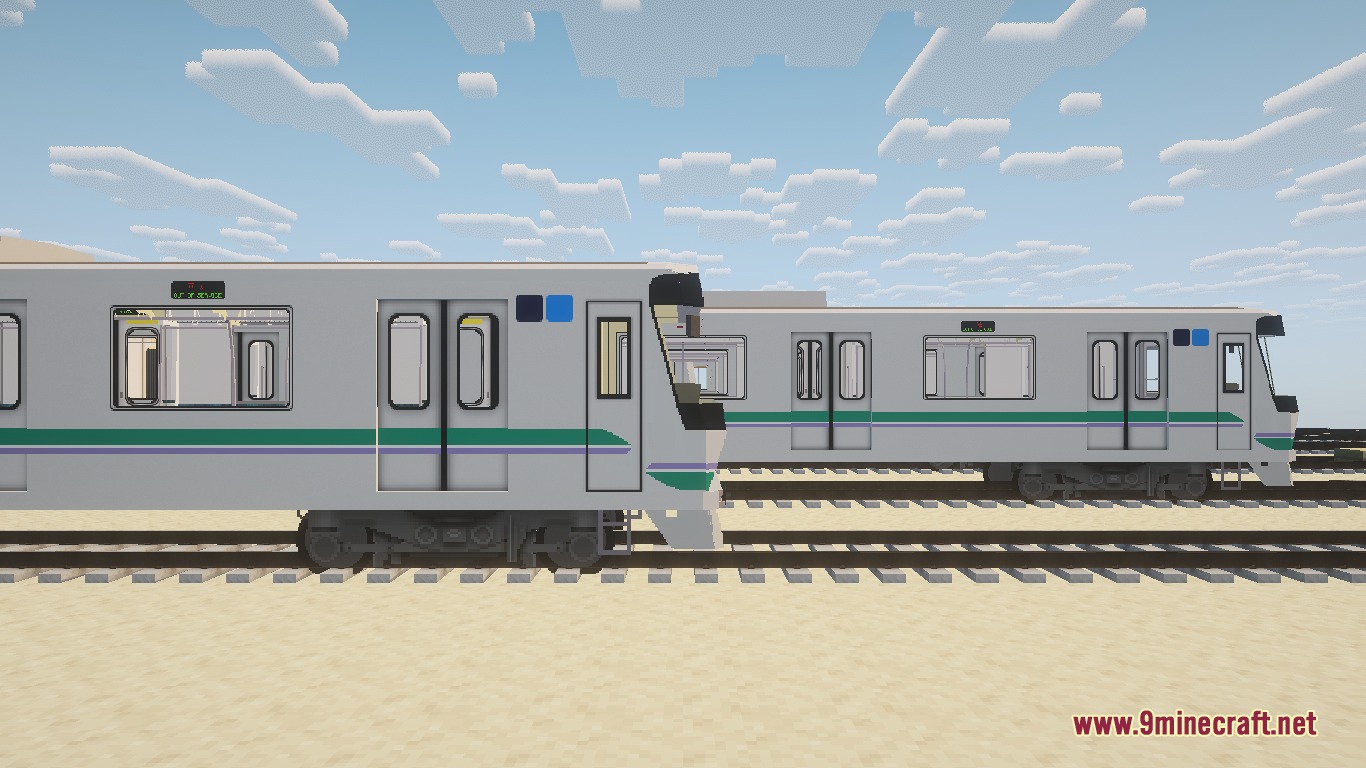 Side view of two silver commuter trains with green stripes in Minecraft