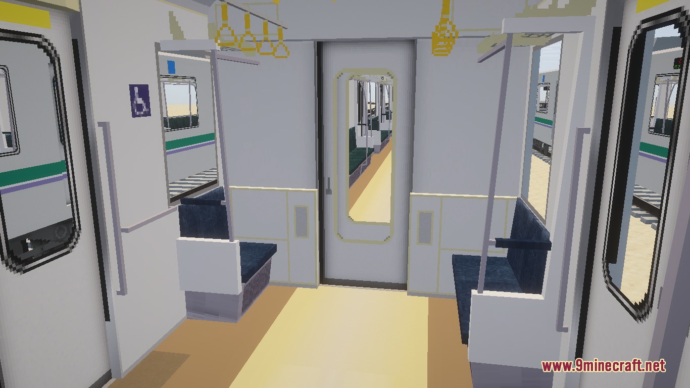 The interior of a Tokyo Metro 06 series train car in Minecraft