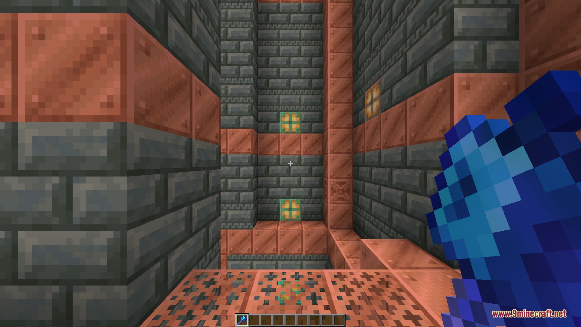 Mace Enchant Indicator Breach and Density Resource Pack Screenshot 2 A player holds a blue mace while exploring a copper trial chamber structure