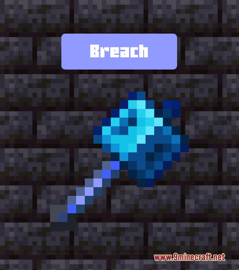 Mace Enchant Indicator Breach and Density Resource Pack Screenshot 4 A blue mace with the Breach enchantment displayed against a brick wall