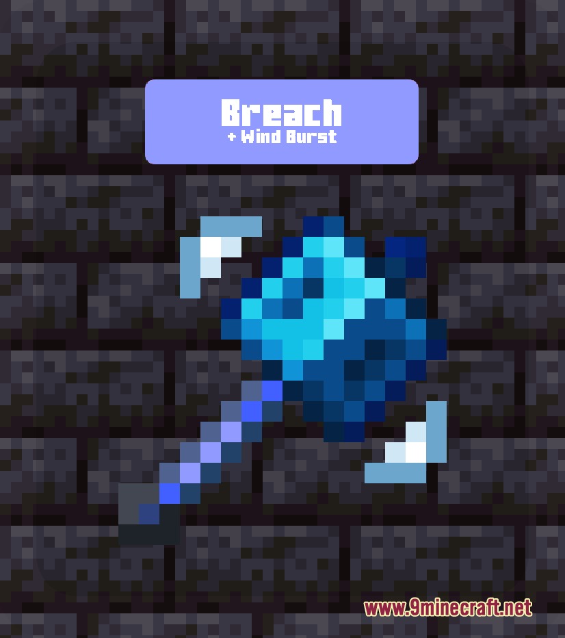 Mace Enchant Indicator Breach and Density Resource Pack Screenshot 6 Blue Minecraft mace with Breach and Wind Burst enchantments and white wind particles