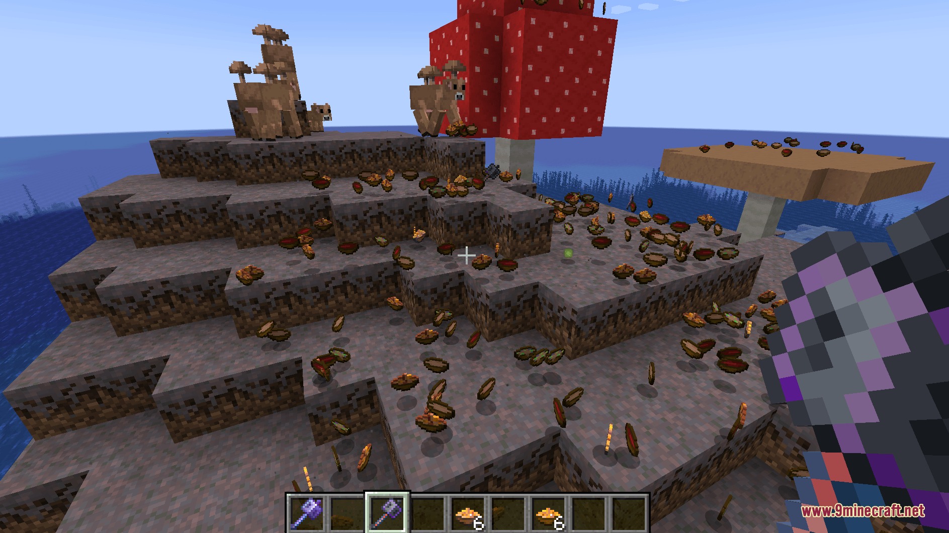 Many bowls of mushroom stew dropped on the ground near several mooshrooms