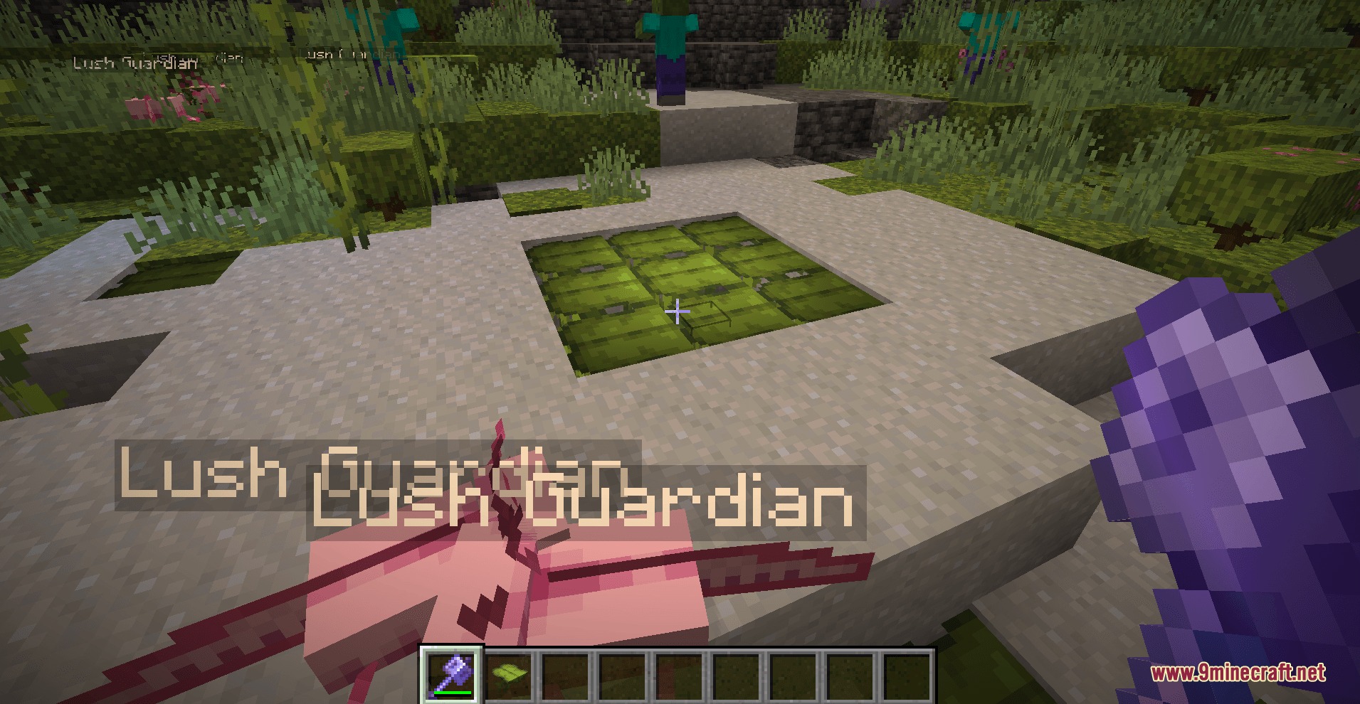 Player holding a mace encounters a pink Lush Guardian mob outdoors