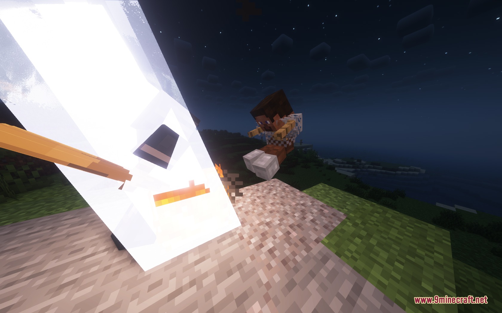 Mace to Stormbreaker Resource Pack Screenshot 1 A Minecraft character performs a smash attack with a massive glowing weapon at night