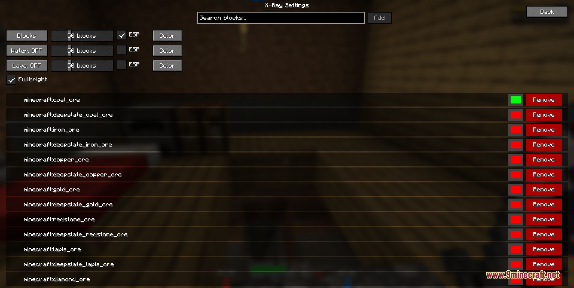 Madxray Hacks Mod menu for configuring Xray settings and ore highlighting