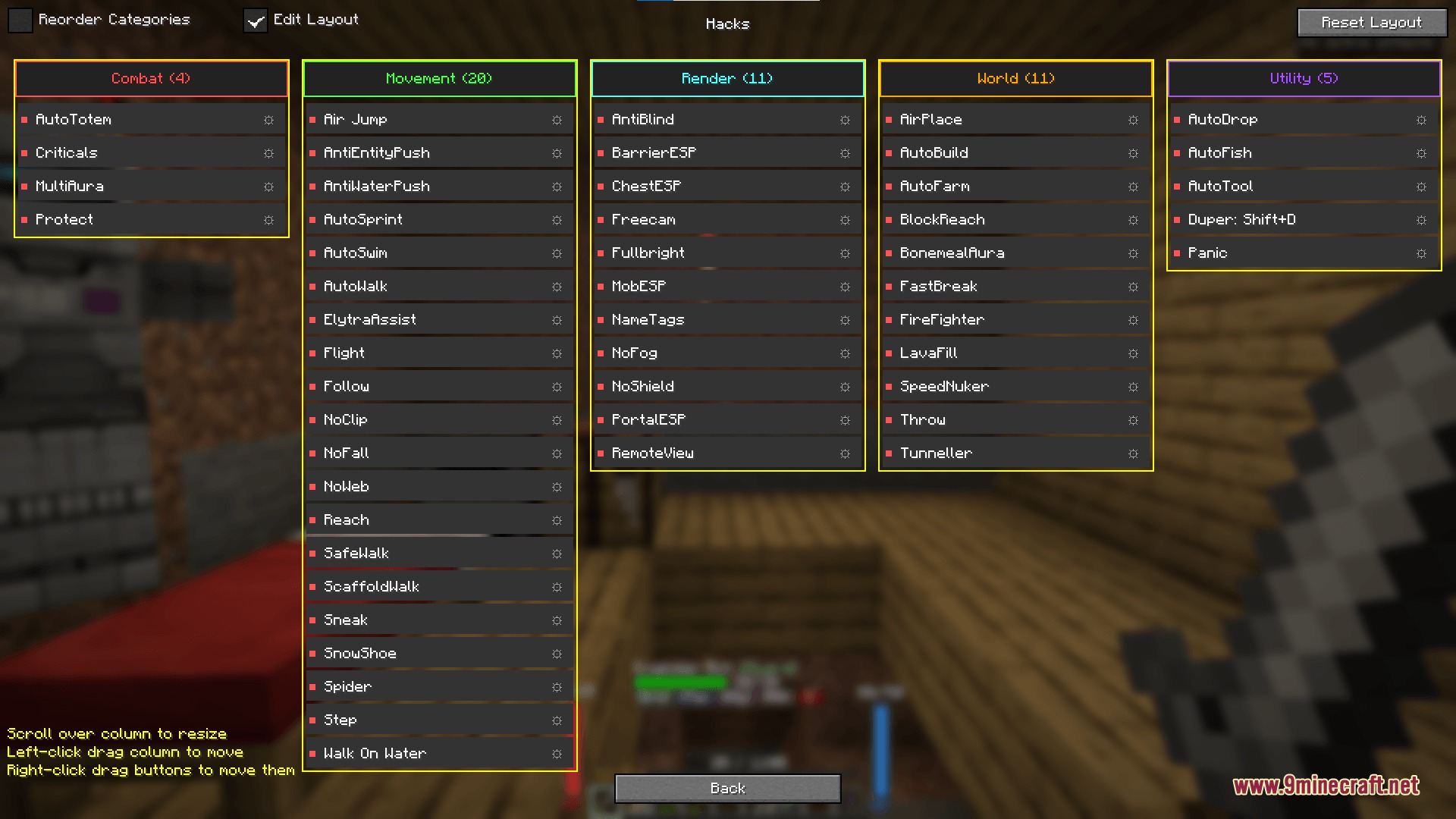 A comprehensive menu displaying various combat movement and world manipulation cheat options